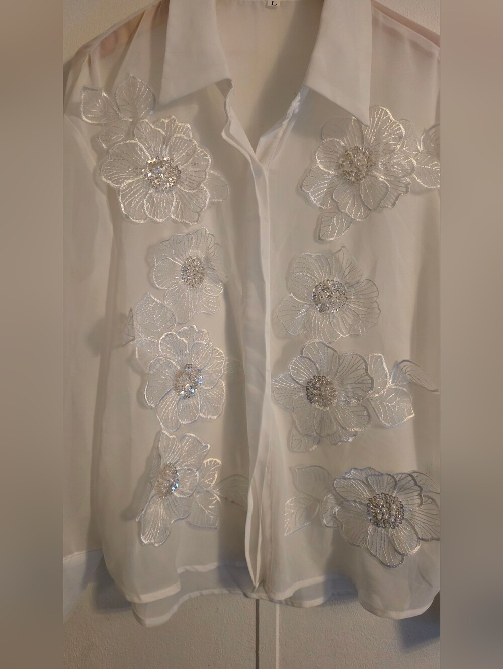 White Embroidered Floral Sheer Button-Front Blouse - Picture 2 of 8